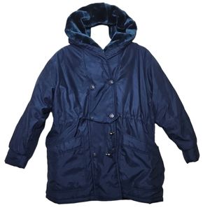 Vintage Winter Fur Hooded Long Jacket P.A. Originals Size L Navy Blue